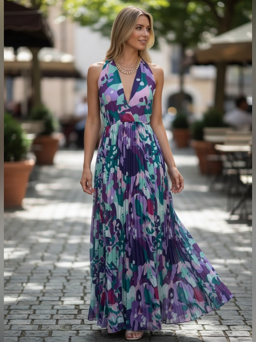 Chicme Halter Teal and Purple Open Back Sexy Floral Print Maxi Dress- Medium